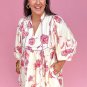 White Floral Print Lace up V Neck Balloon Sleeve Plus Size Shift Mini Dress
