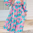 Sky Blue Floral Allover Print Shirred Square Neck Plus Size Maxi Dress