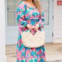 Sky Blue Floral Allover Print Shirred Square Neck Plus Size Maxi Dress