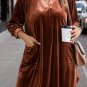 Coffee Plus Size V Neck Collared Pleated Back Rounded Hem Velvet Dress