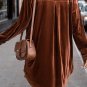Coffee Plus Size V Neck Collared Pleated Back Rounded Hem Velvet Dress