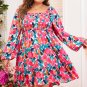 Rose Flower Print Smocked Square Neck Plus Size Dress