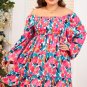 Rose Flower Print Smocked Square Neck Plus Size Dress