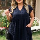 Navy Blue Dotty Textured Notched Neck Plus Ruffled Dress