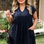 Navy Blue Dotty Textured Notched Neck Plus Ruffled Dress