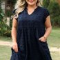 Navy Blue Dotty Textured Notched Neck Plus Ruffled Dress
