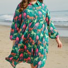Green Horse Printed Long Sleeve Collared Buttoned Plus Size Midi Dress