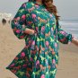 Green Horse Printed Long Sleeve Collared Buttoned Plus Size Midi Dress