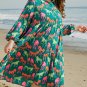 Green Horse Printed Long Sleeve Collared Buttoned Plus Size Midi Dress
