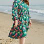 Green Horse Printed Long Sleeve Collared Buttoned Plus Size Midi Dress