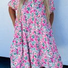 Pink Plus Size Floral Half Button Short Puff Sleeve A-line Dress