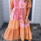 Pink Boho Paisley Floral Mixed Patchwork Tassel Tie Plus Size Midi Dress