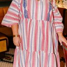 White Stripe Plus Size Embroidered Detail Flared 3/4 Sleeve V Neck Dress