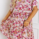 White Abstract Print V Neck Short Sleeve Ruffled Plus Size Mini Dress