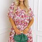 White Abstract Print V Neck Short Sleeve Ruffled Plus Size Mini Dress