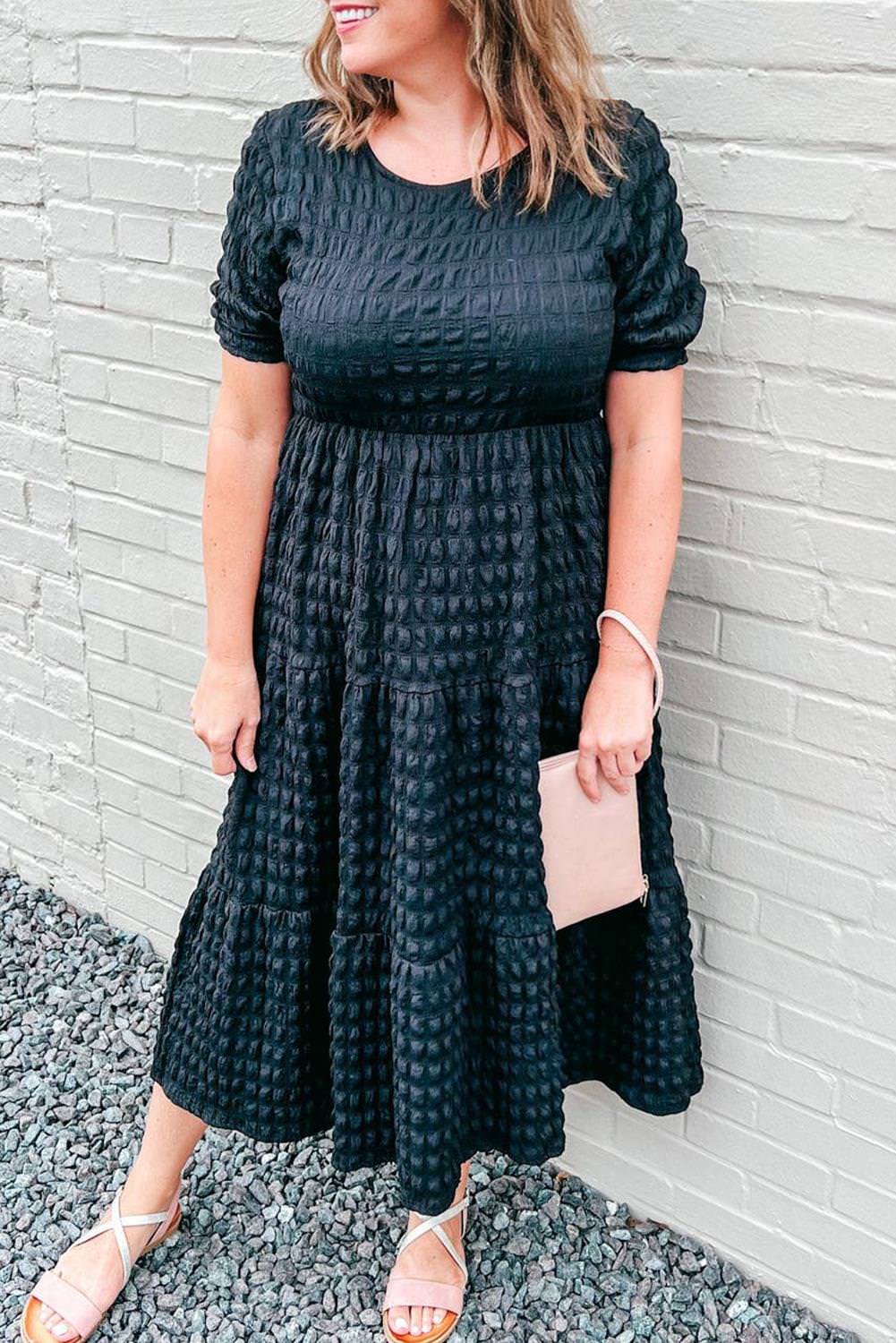 Black Plus Size Textured Tiered Short Sleeve Maxi Dress