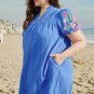 Sky Blue Plus Size Floral Embroidered Puff Sleeve Gingham Mini Dress