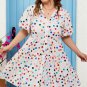 White Polka Dot Print Bubble Sleeve Button Up Plus Size Shirt Dress
