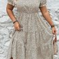 Beige Plus Size Leopard Print Frill Trim Short Sleeve Flared Dress