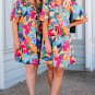 Multicolour Plus Size Leafy Print Split Neck Short Sleeve Shift Dress