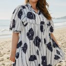 Black Plus Size Floral 3/4 Puff Sleeve Lace Up Neck Mini Dress