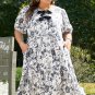 Black Floral Print Bow Detail Puff Sleeve Plus Size Midi Dress