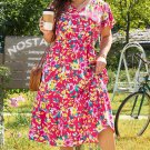 Pink Floral Print V Neck Pocketed High Waist Plus Size Midi Dress