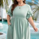 Grass Green Ruffle Trim Short Sleeve Plus Size Flared Mini Dress