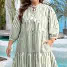 Green Stripe Bracelet Sleeve Tasseled Tied Neck Tiered Plus Size Dress