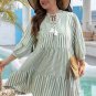 Green Stripe Bracelet Sleeve Tasseled Tied Neck Tiered Plus Size Dress