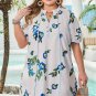 White Plus Size Floral Short Puff Sleeve Contrast Tie V Neck Dress