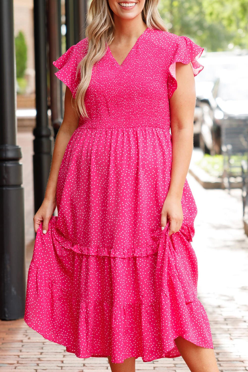 Rose Polka Dot Print Ruffled Smocked High Waist Plus Midi Dress