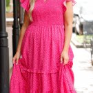 Rose Polka Dot Print Ruffled Smocked High Waist Plus Midi Dress