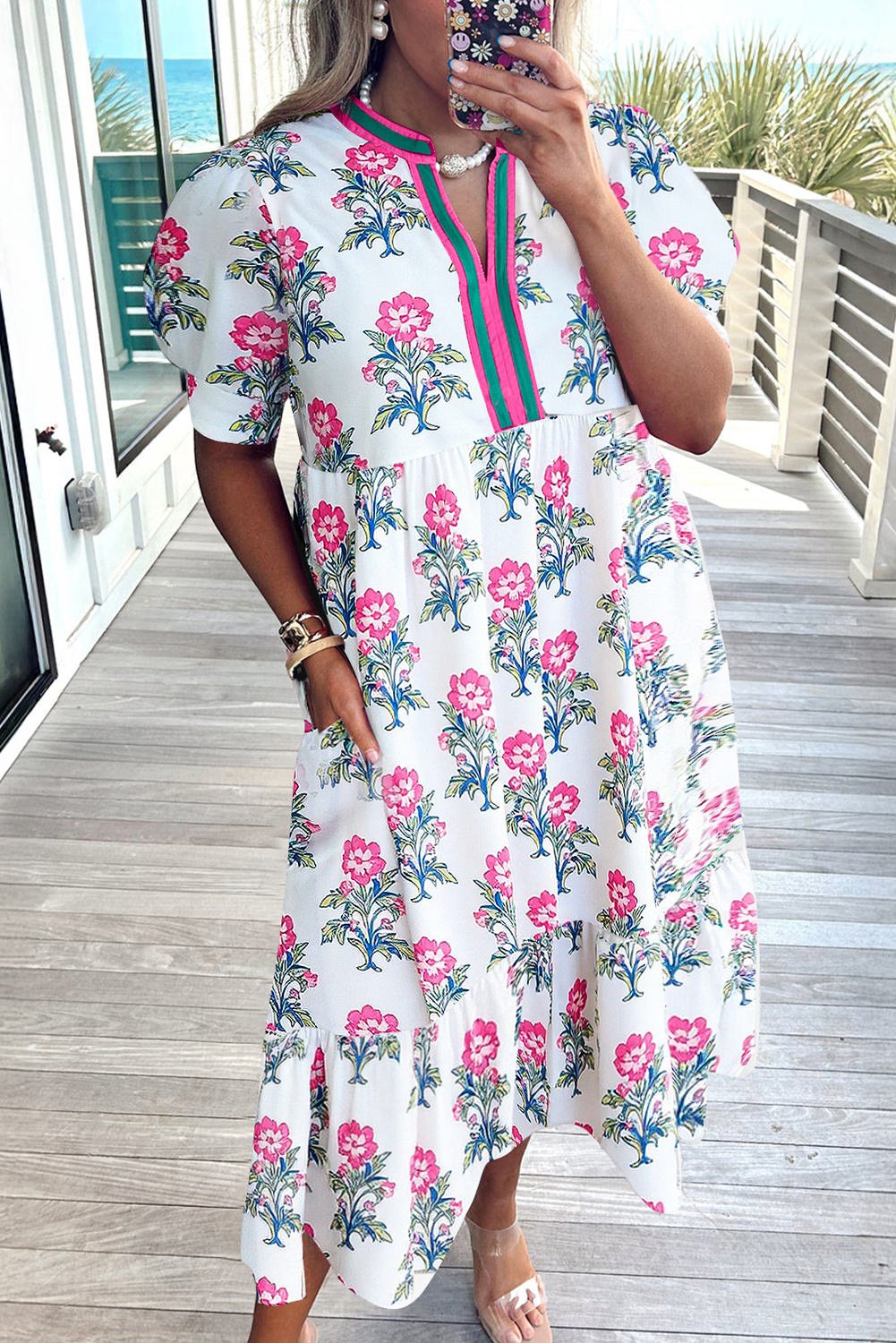 White Allover Print Contrast Split Neckline Short Puff Sleeve Curvy Dress