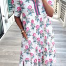 White Allover Print Contrast Split Neckline Short Puff Sleeve Curvy Dress