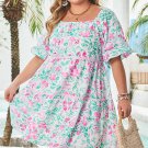 White Floral Print Ric-rac Trim Square Neck Plus Size Mini Dress