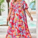 Rose Abstract Printed Puff Sleeve Smocked Bust Tied Back Plus Size Dress