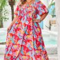 Rose Abstract Printed Puff Sleeve Smocked Bust Tied Back Plus Size Dress