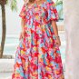 Rose Abstract Printed Puff Sleeve Smocked Bust Tied Back Plus Size Dress