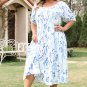 Sky Blue Floral Print Sweetheart Neck Plus Size Midi Dress