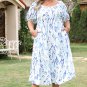 Sky Blue Floral Print Sweetheart Neck Plus Size Midi Dress
