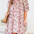 Pink Floral Split Neck Short Sleeve Loose Plus Size Mini Dress