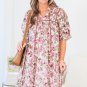 Pink Floral Split Neck Short Sleeve Loose Plus Size Mini Dress