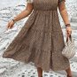 Brown Plus Size Leopard Print Frill Trim Short Sleeve Flared Dress
