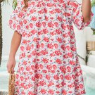 Red Floral Ruffled Half Sleeve V Neck Plus Size Dress
