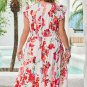 Pink Floral Print V Neck Ruffle Sleeve Plus Size Midi Dress