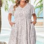 White Floral V Neck Ruffled Short Sleeve Plus Size Dress