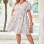 White Floral V Neck Ruffled Short Sleeve Plus Size Dress