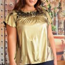 Gold Plus Size Floral Embroidered Short Sleeve Top