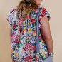 Red Plus Floral Print Ruffle Cap Sleeve V Neck Blouse